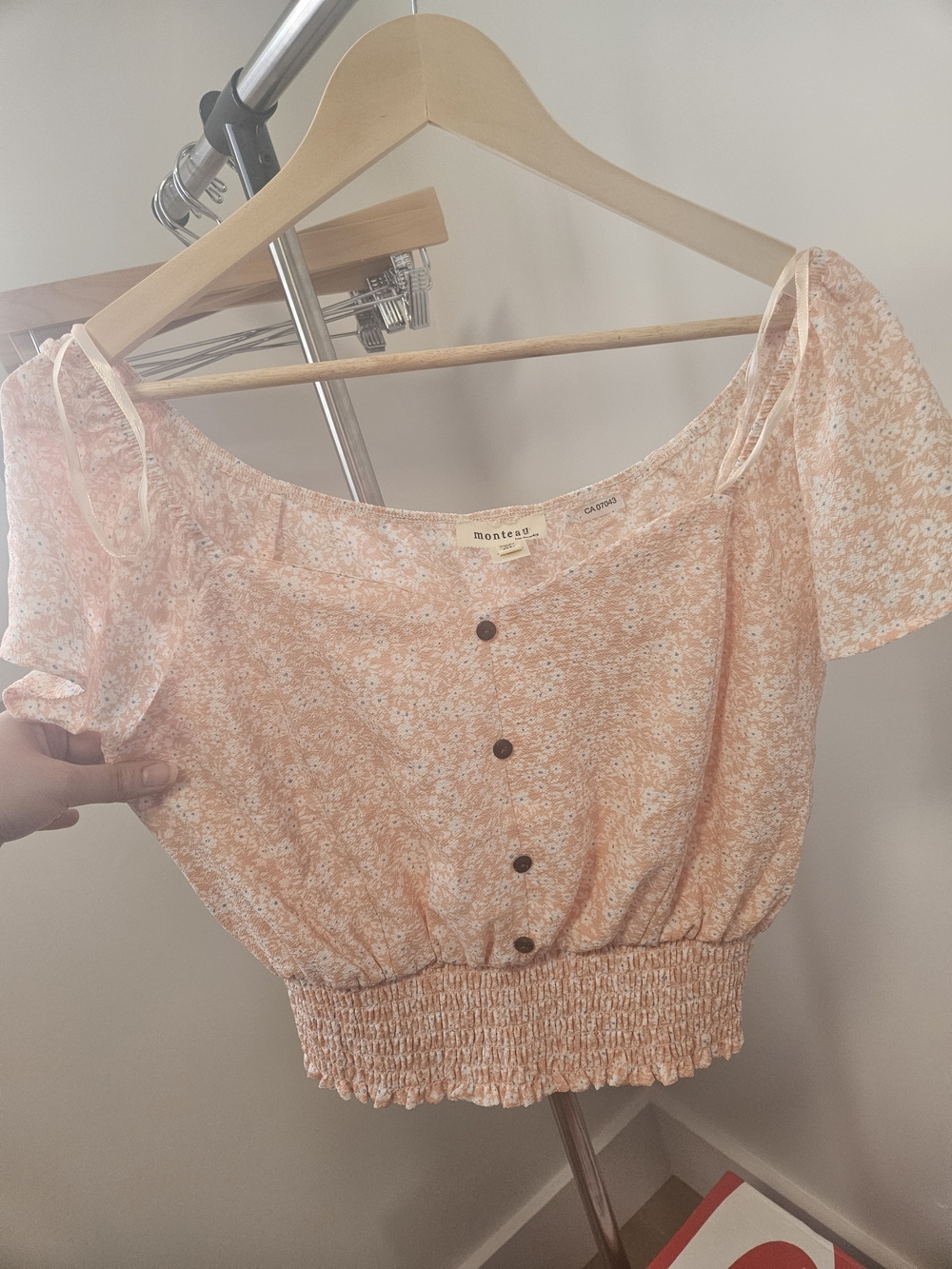 Monteau Peach Floral Off-Shoulder Crop Top with Button Front